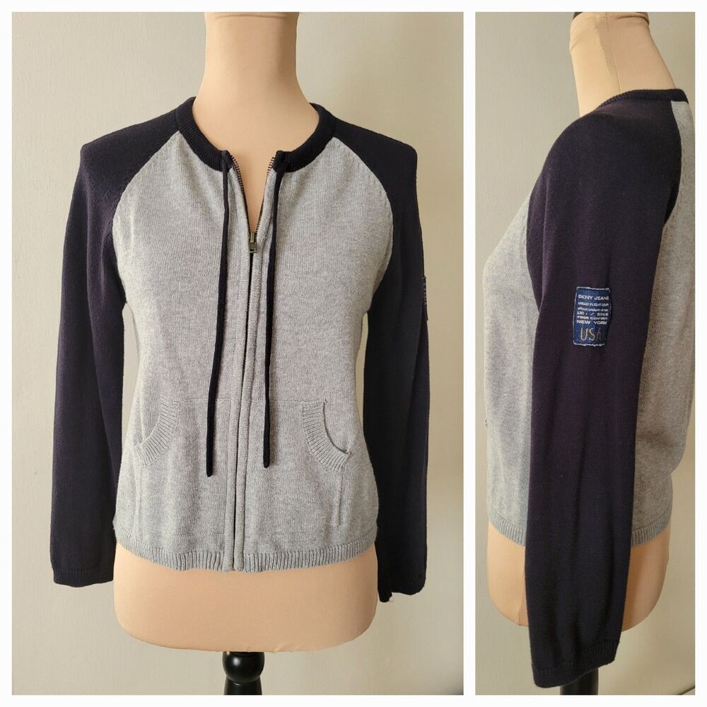 DKNY Woman's Zip Up Crop Sleeve Knit Sweater Denim Patch Zipup Grey/ Black Small